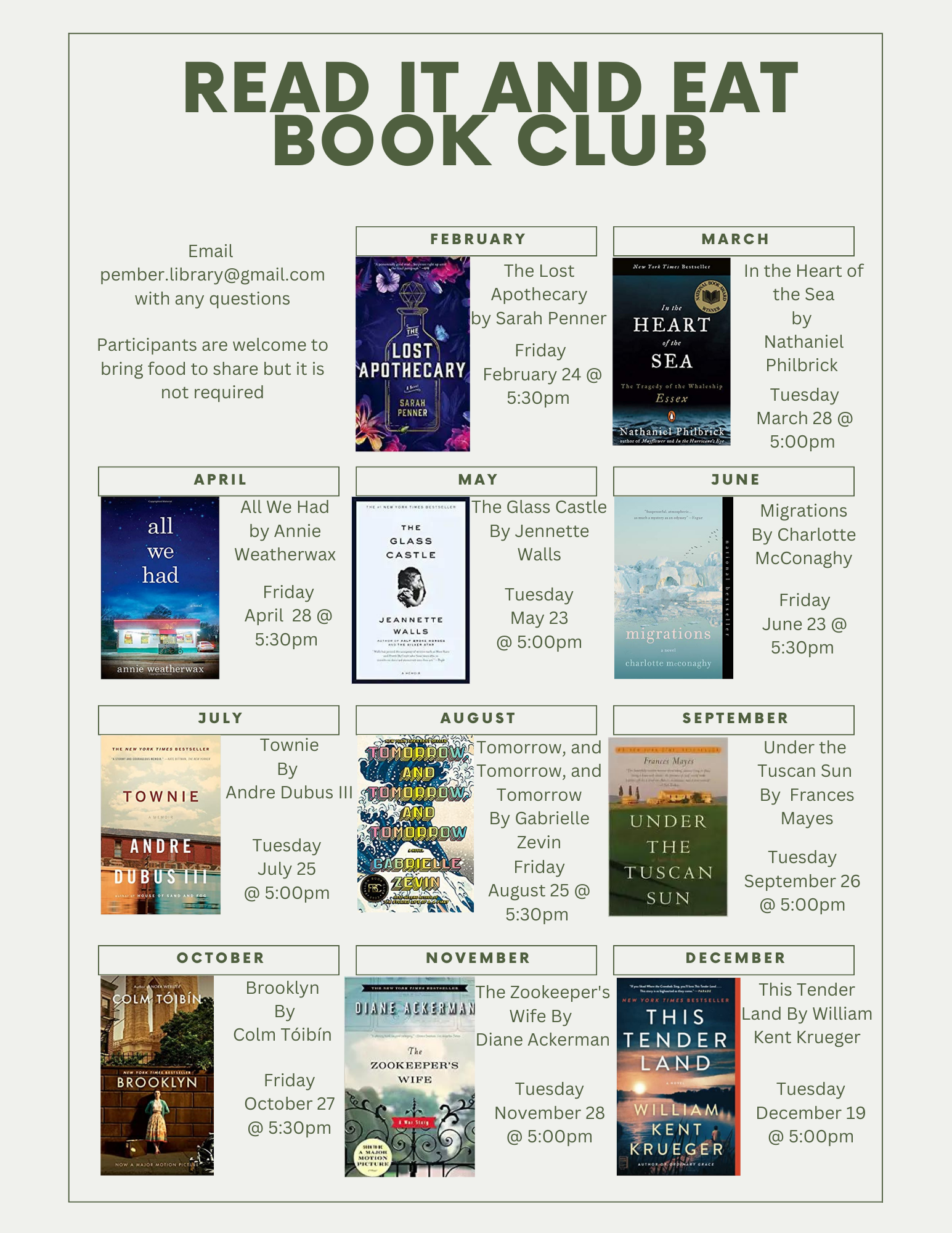 Book club Schedule Pember Library